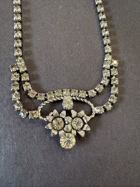 Crystal Floral Double-Row Necklace - Silver Tone Vintage